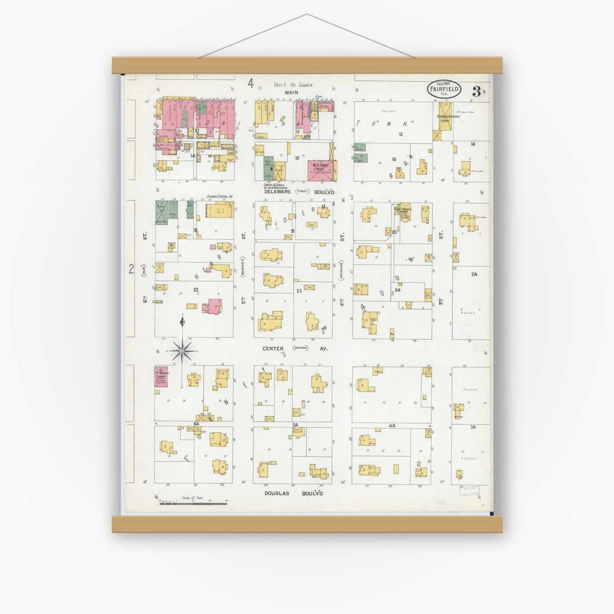 Old map wall art mockup — magnetic wood frame on white wall — Sanborn Fire Insurance Map from Fairfield, Wayne County, Illinois (1901), Sheet #0003