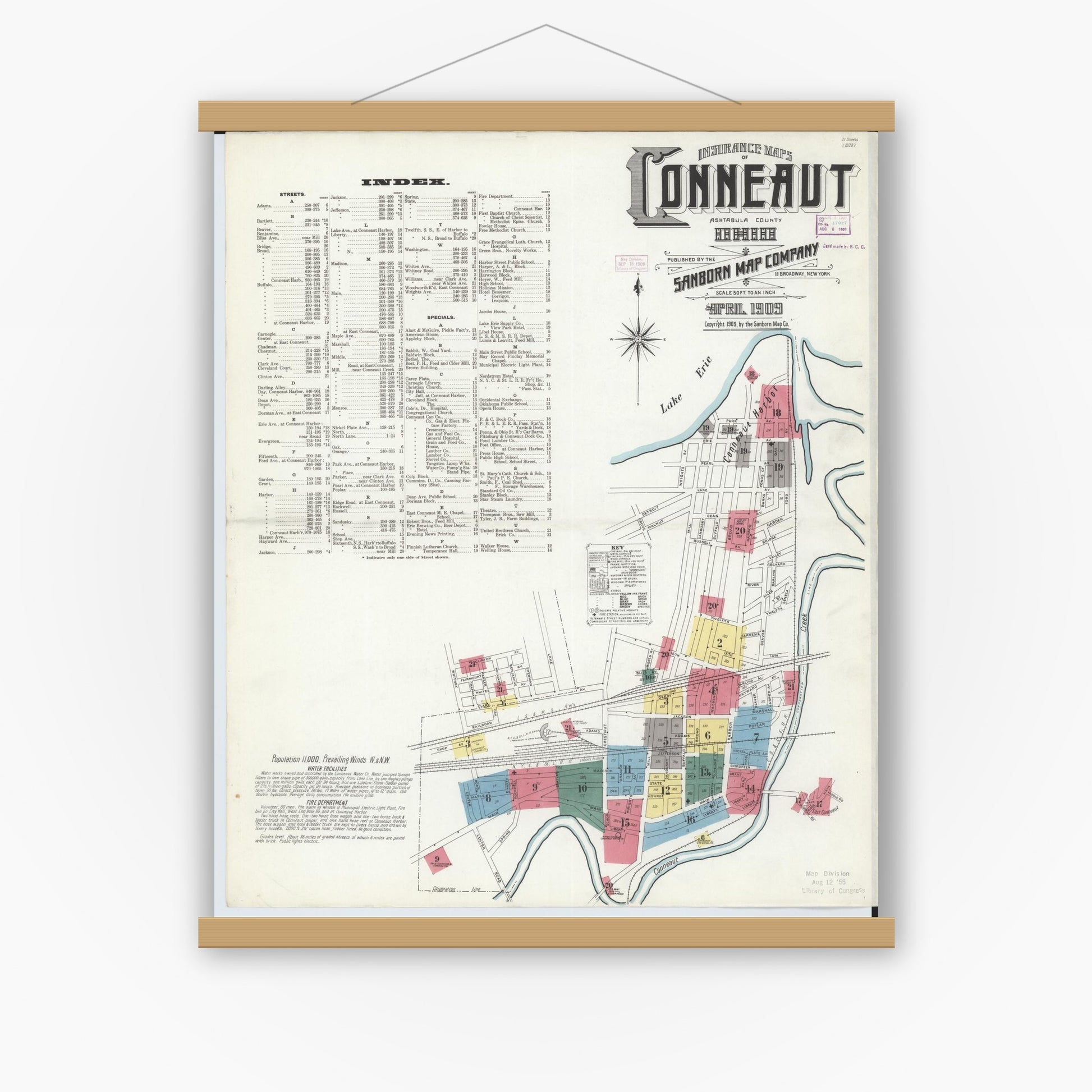 Old map wall art mockup — magnetic wood frame on white wall — Sanborn Fire Insurance Map from Conneaut, Ashtabula County, Ohio (1909) - Complete Map Set
