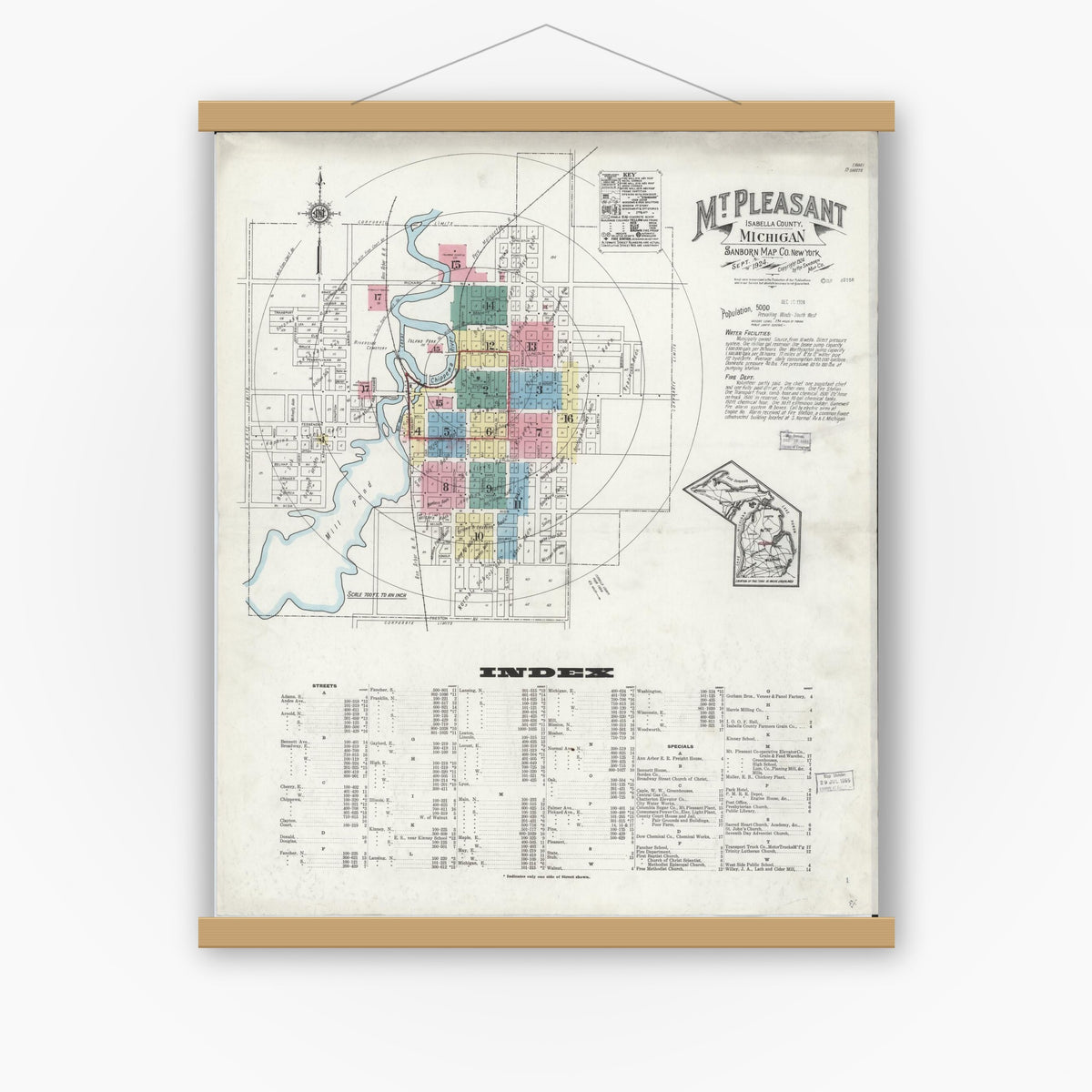 Old map wall art mockup — magnetic wood frame on white wall — Sanborn Fire Insurance Map from Mount Pleasant, Isabella County, Michigan (1924), Sheet #0001