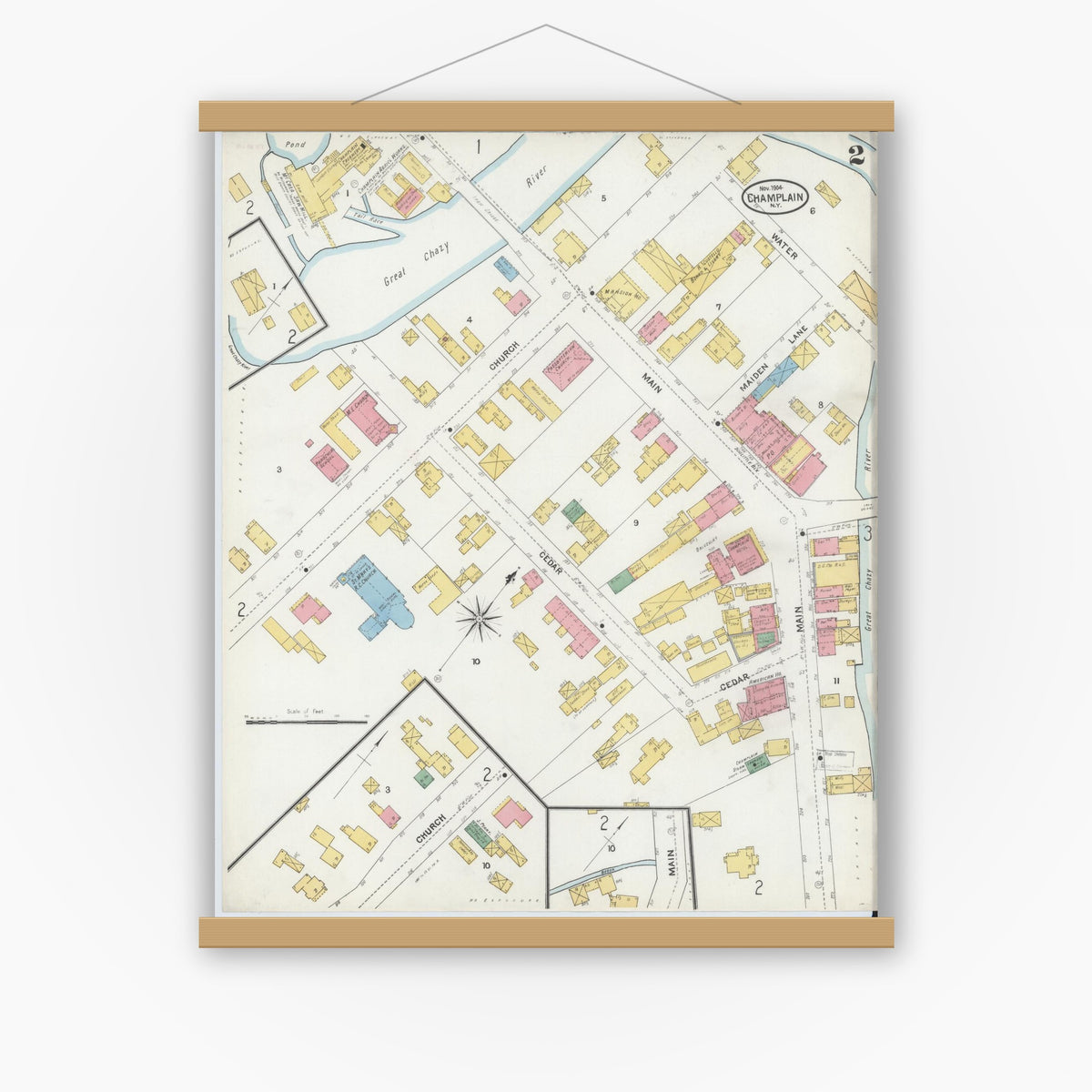 Old map wall art mockup — magnetic wood frame on white wall — Sanborn Fire Insurance Map from Champlain, Clinton County, New York (1904), Sheet #0002