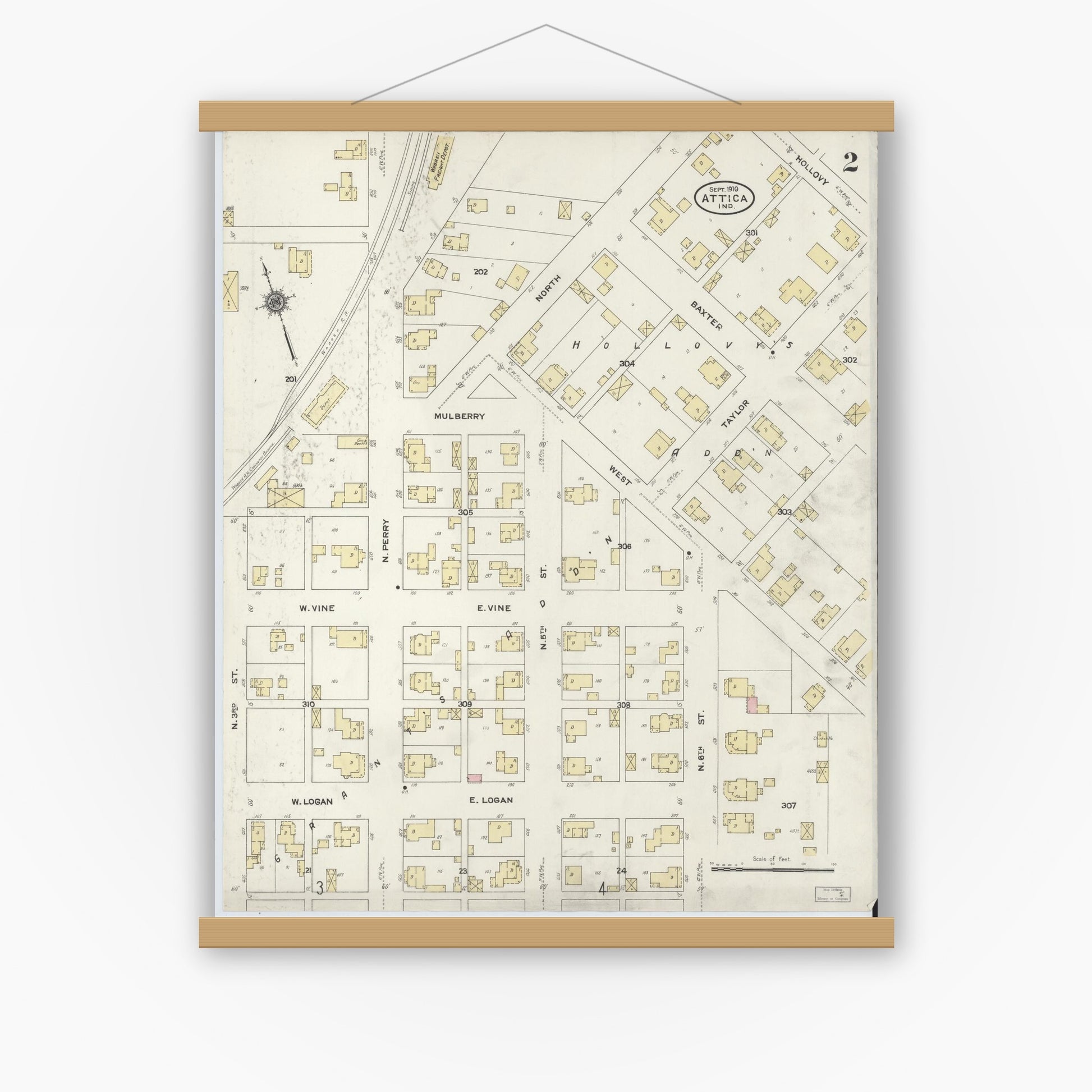 Old map wall art mockup — magnetic wood frame on white wall — Sanborn Fire Insurance Map from Attica, Fountain County, Indiana (1910), Sheet #0002