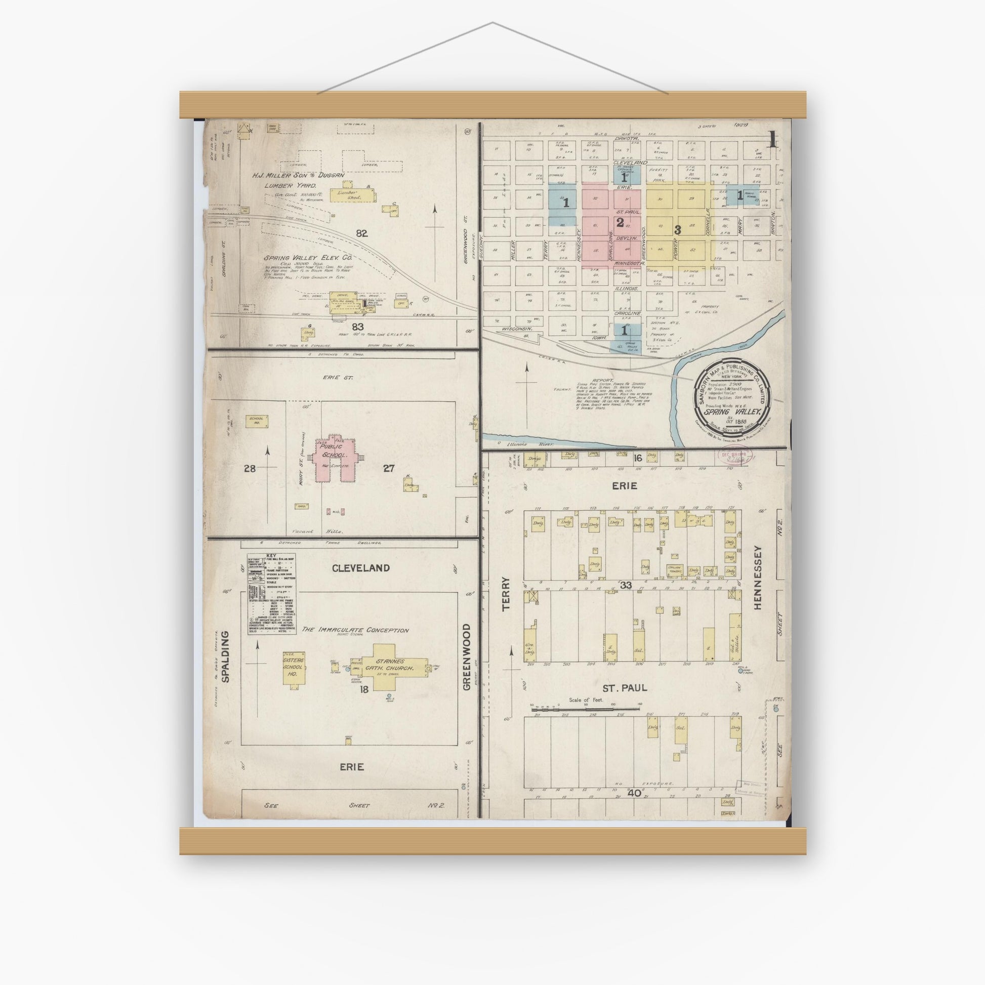 Old map wall art mockup — magnetic wood frame on white wall — Sanborn Fire Insurance Map from Spring Valley, Bureau County, Illinois (1888), Sheet #0001