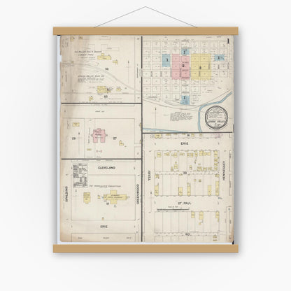 Old map wall art mockup — magnetic wood frame on white wall — Sanborn Fire Insurance Map from Spring Valley, Bureau County, Illinois (1888), Sheet #0001