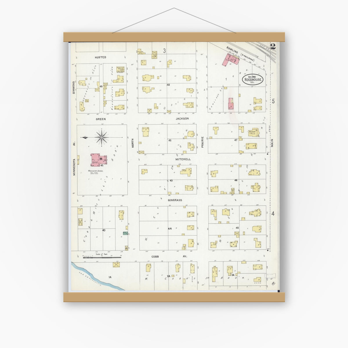 Old map wall art mockup — magnetic wood frame on white wall — Sanborn Fire Insurance Map from Roodhouse, Greene County, Illinois (1906), Sheet #0002