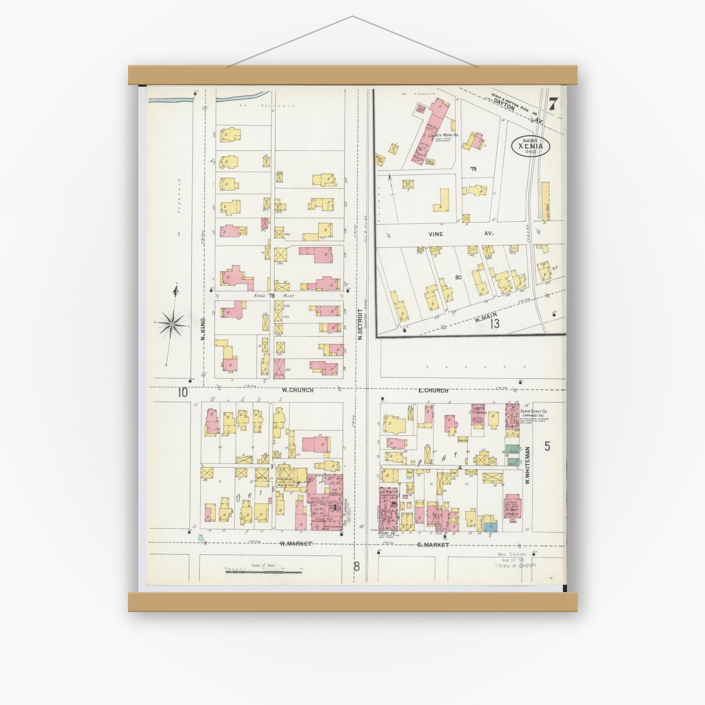 Old map wall art mockup — magnetic wood frame on white wall — Sanborn Fire Insurance Map from Xenia, Greene County, Ohio (1901), Sheet #0007