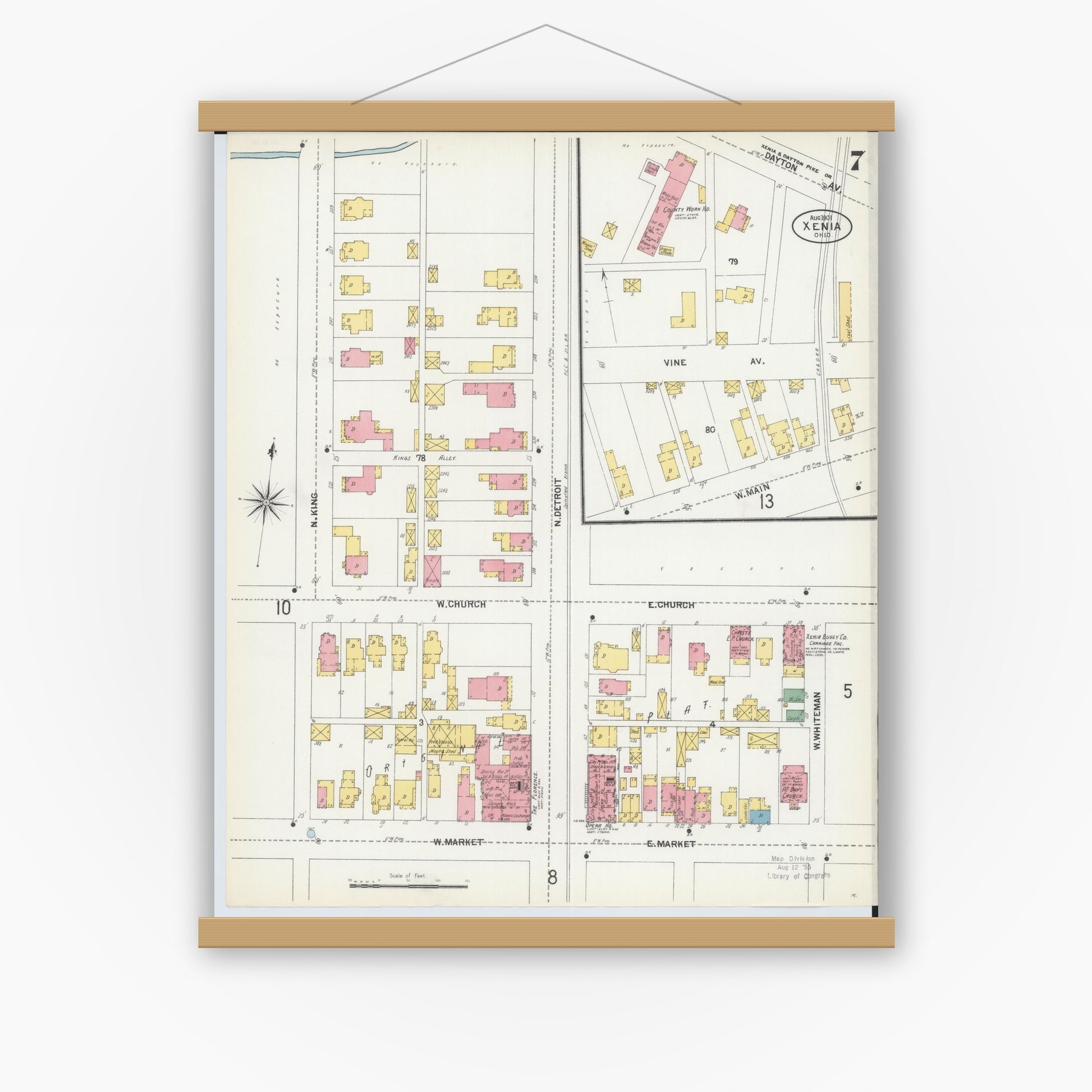 Old map wall art mockup — magnetic wood frame on white wall — Sanborn Fire Insurance Map from Xenia, Greene County, Ohio (1901), Sheet #0007