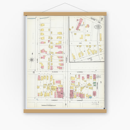 Old map wall art mockup — magnetic wood frame on white wall — Sanborn Fire Insurance Map from Xenia, Greene County, Ohio (1901), Sheet #0007