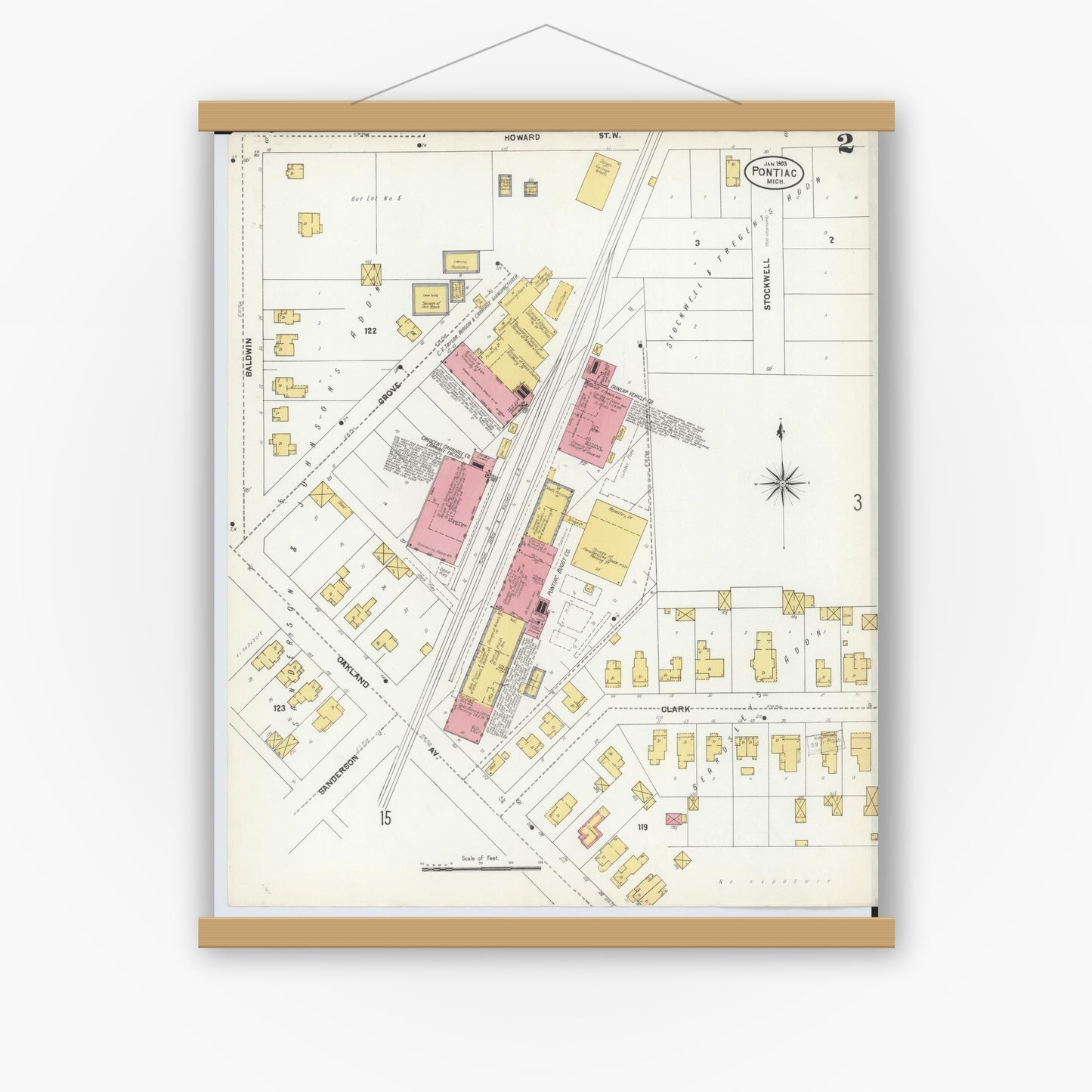 Old map wall art mockup — magnetic wood frame on white wall — Sanborn Fire Insurance Map from Pontiac, Oakland County, Michigan (1903), Sheet #0002