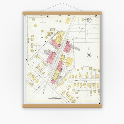 Old map wall art mockup — magnetic wood frame on white wall — Sanborn Fire Insurance Map from Pontiac, Oakland County, Michigan (1903), Sheet #0002