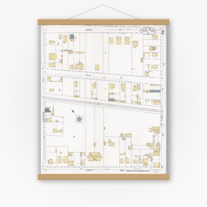 Old map wall art mockup — magnetic wood frame on white wall — Sanborn Fire Insurance Map from Menlo Park, San Mateo County, California (1908), Sheet #0002