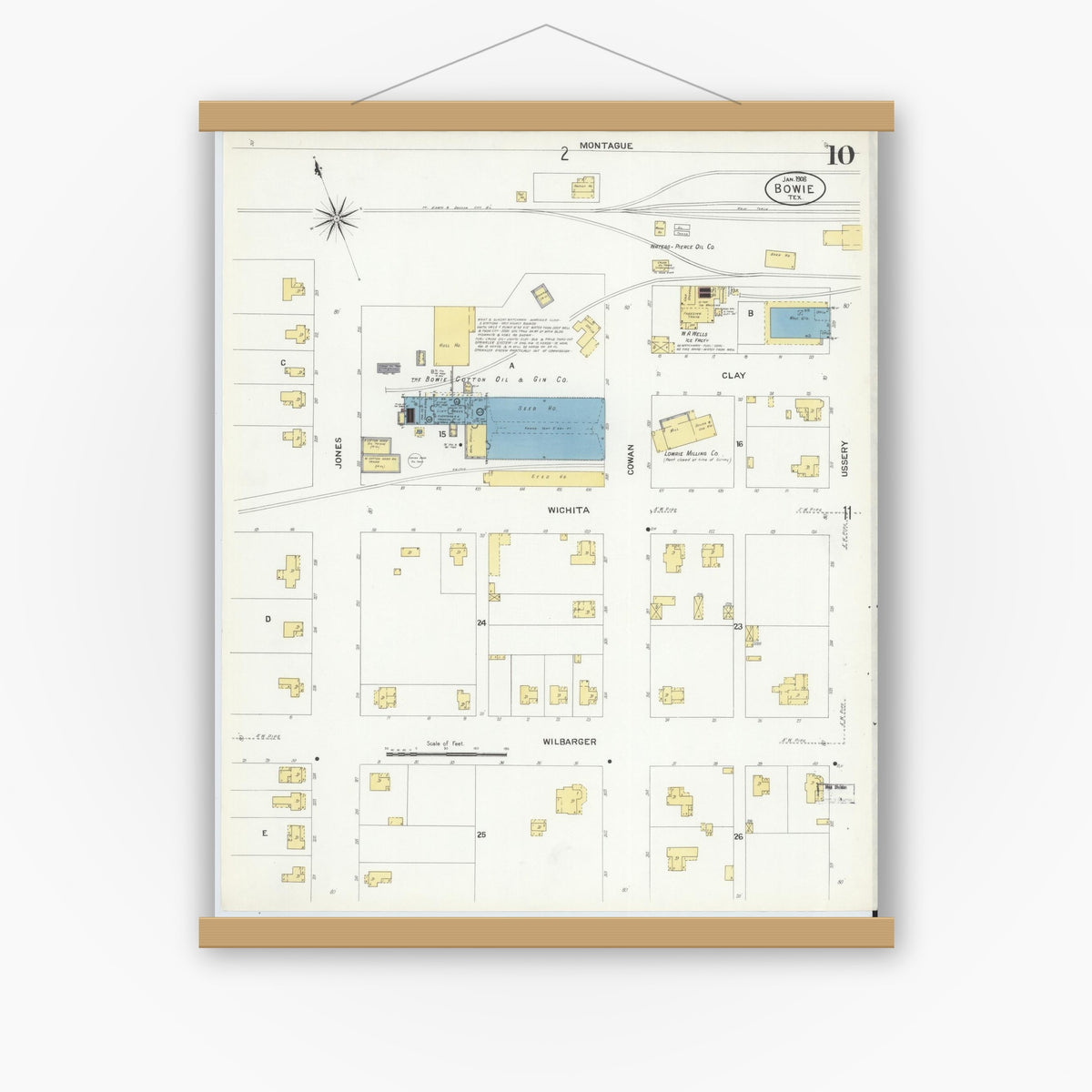 Old map wall art mockup — magnetic wood frame on white wall — Sanborn Fire Insurance Map from Bowie, Montague County, Texas (1908), Sheet #0010