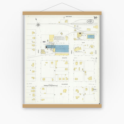 Old map wall art mockup — magnetic wood frame on white wall — Sanborn Fire Insurance Map from Bowie, Montague County, Texas (1908), Sheet #0010