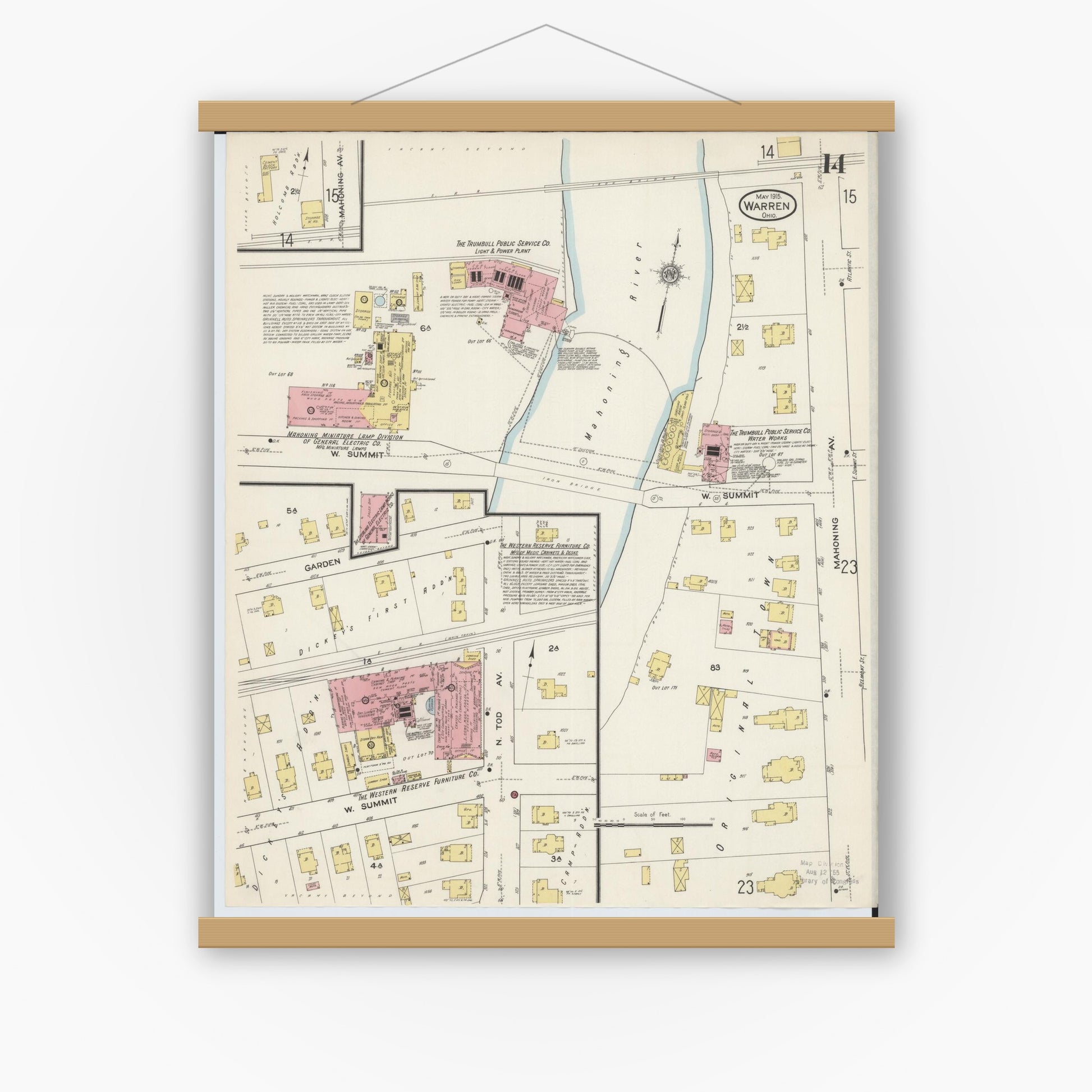 Old map wall art mockup — magnetic wood frame on white wall — Sanborn Fire Insurance Map from Warren, Trumbull County, Ohio (1915), Sheet #0014