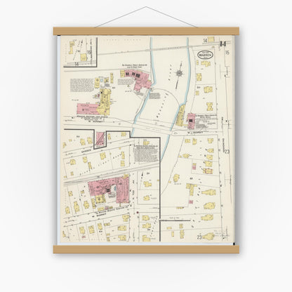 Old map wall art mockup — magnetic wood frame on white wall — Sanborn Fire Insurance Map from Warren, Trumbull County, Ohio (1915), Sheet #0014