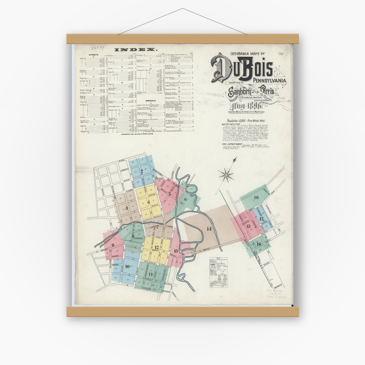 Old map wall art mockup — magnetic wood frame on white wall — Sanborn Fire Insurance Map from Du Bois, Clearfield County, Pennsylvania (1896), Sheet #0001