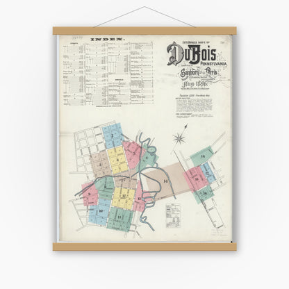 Old map wall art mockup — magnetic wood frame on white wall — Sanborn Fire Insurance Map from Du Bois, Clearfield County, Pennsylvania (1896), Sheet #0001