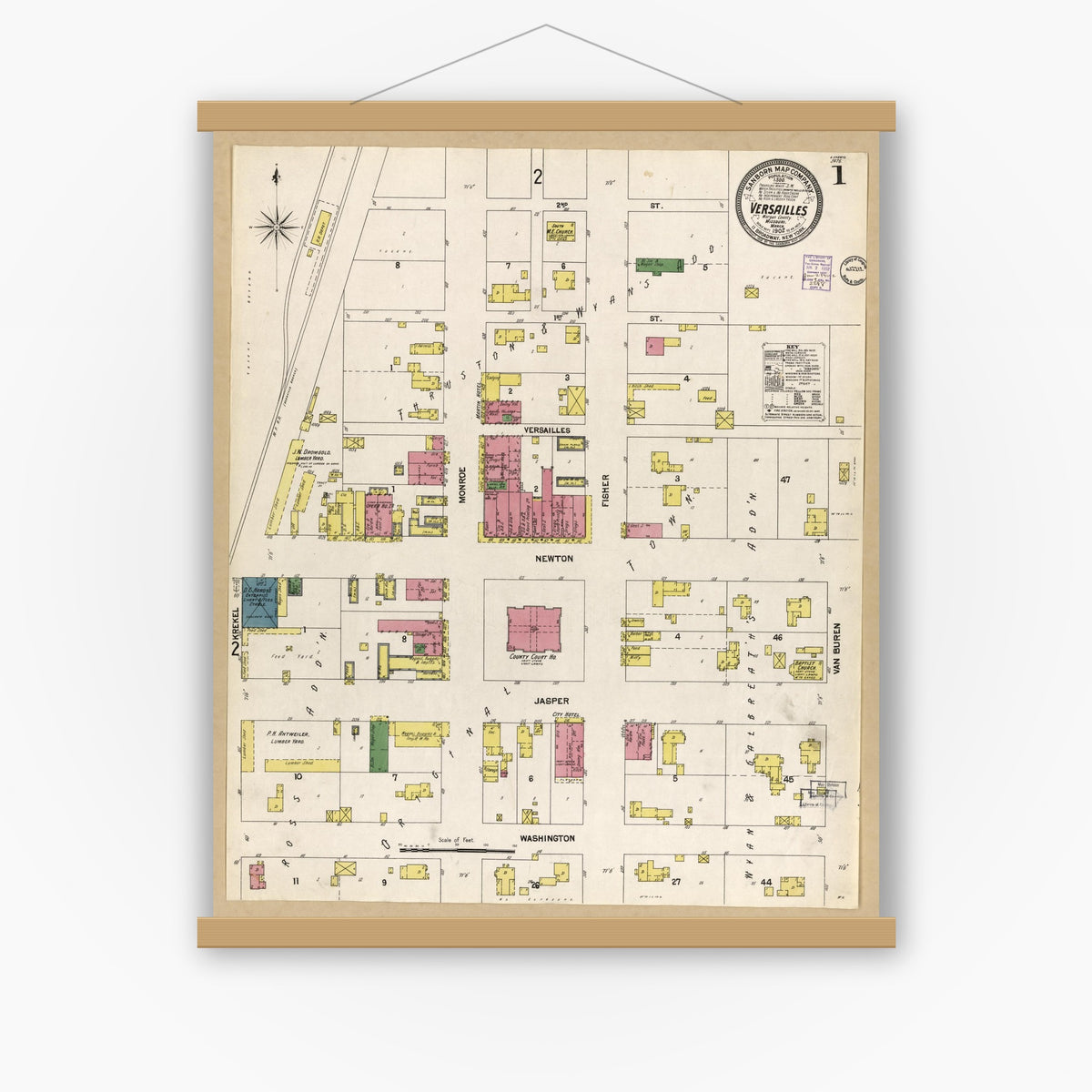 Old map wall art mockup — magnetic wood frame on white wall — Sanborn Fire Insurance Map from Versailles, Morgan County, Missouri (1902), Sheet #0001