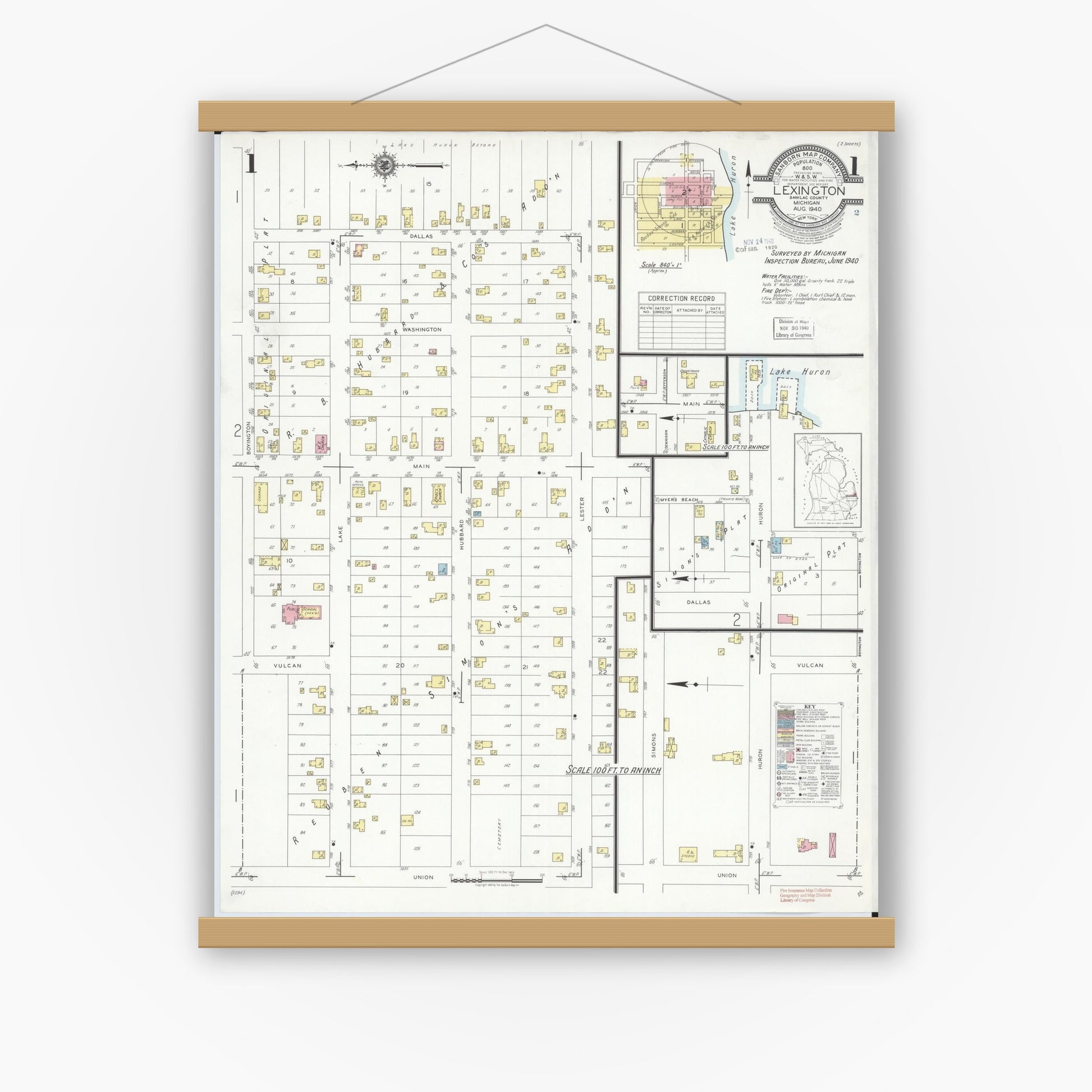 Old map wall art mockup — magnetic wood frame on white wall — Sanborn Fire Insurance Map from Lexington, Sanilac County, Michigan (1940) - Complete Map Set