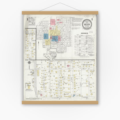 Old map wall art mockup — magnetic wood frame on white wall — Sanborn Fire Insurance Map from Winters, Runnels County, Texas (1925) - Complete Map Set