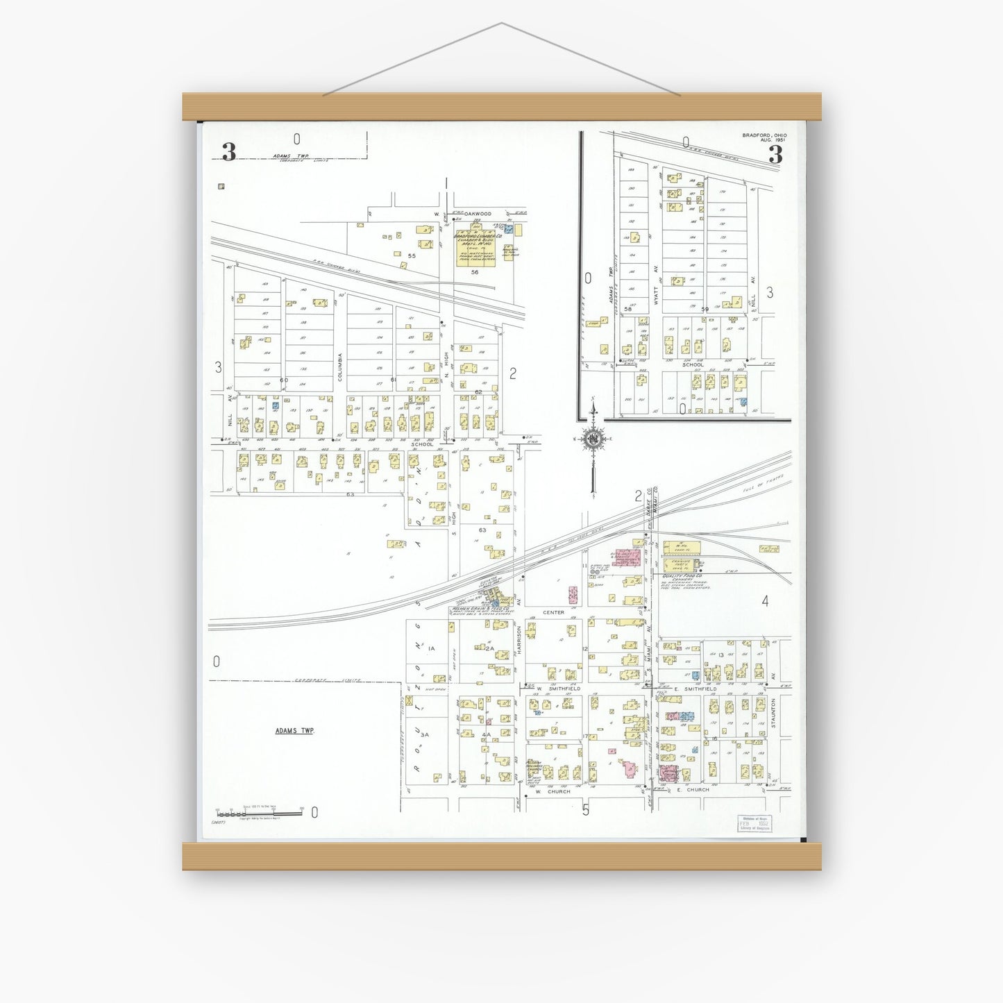 Old map wall art mockup — magnetic wood frame on white wall — Sanborn Fire Insurance Map from Bradford, Darke and Miami Counties, Ohio (1951), Sheet #0003