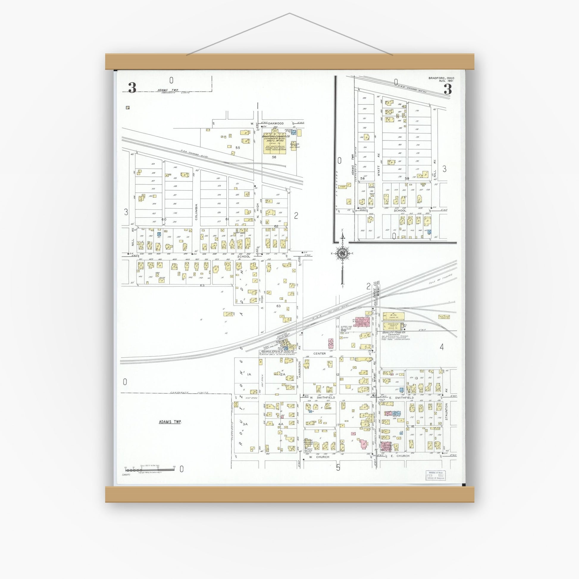 Old map wall art mockup — magnetic wood frame on white wall — Sanborn Fire Insurance Map from Bradford, Darke and Miami Counties, Ohio (1951), Sheet #0003