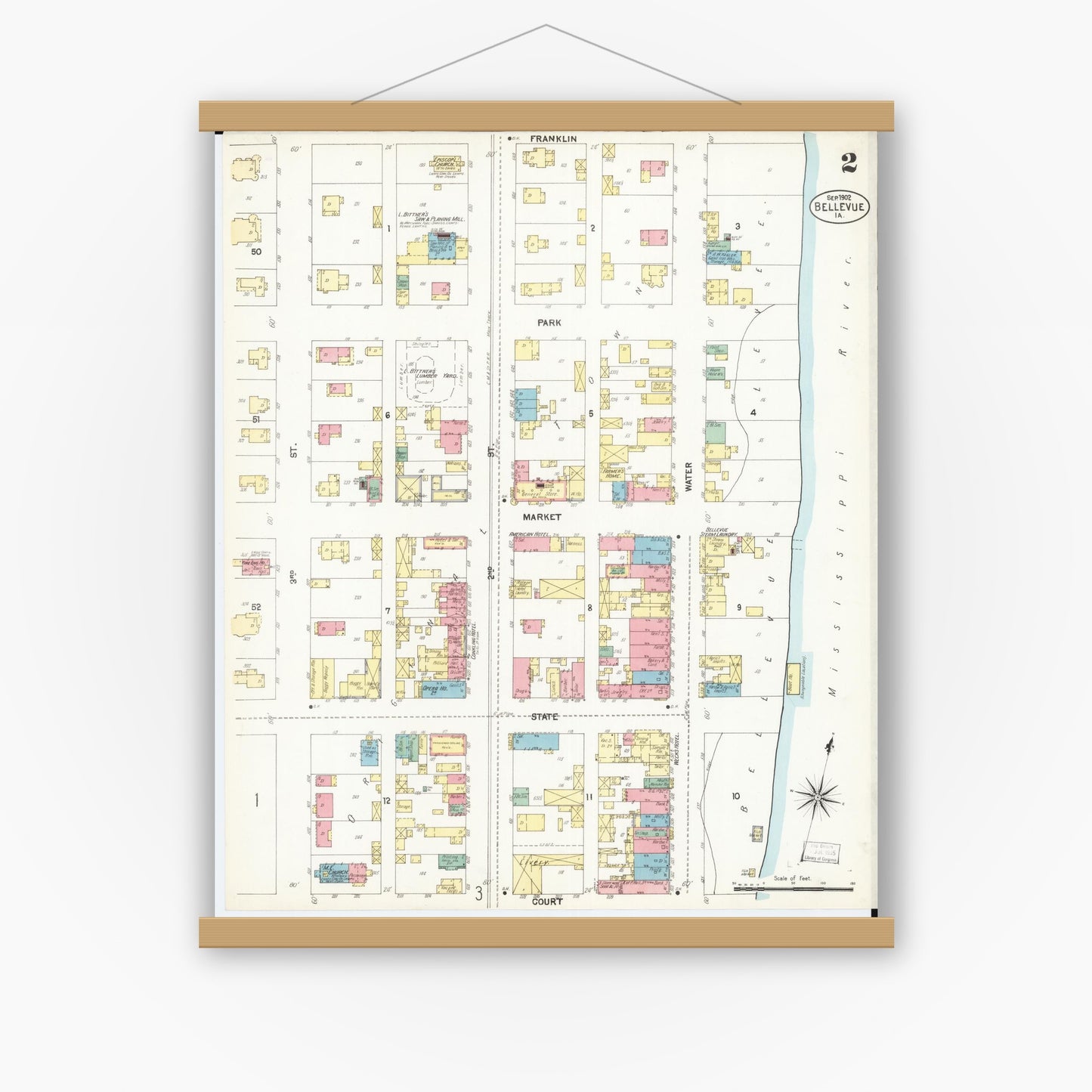 Old map wall art mockup — magnetic wood frame on white wall — Sanborn Fire Insurance Map from Bellevue, Jackson County, Iowa (1902), Sheet #0002