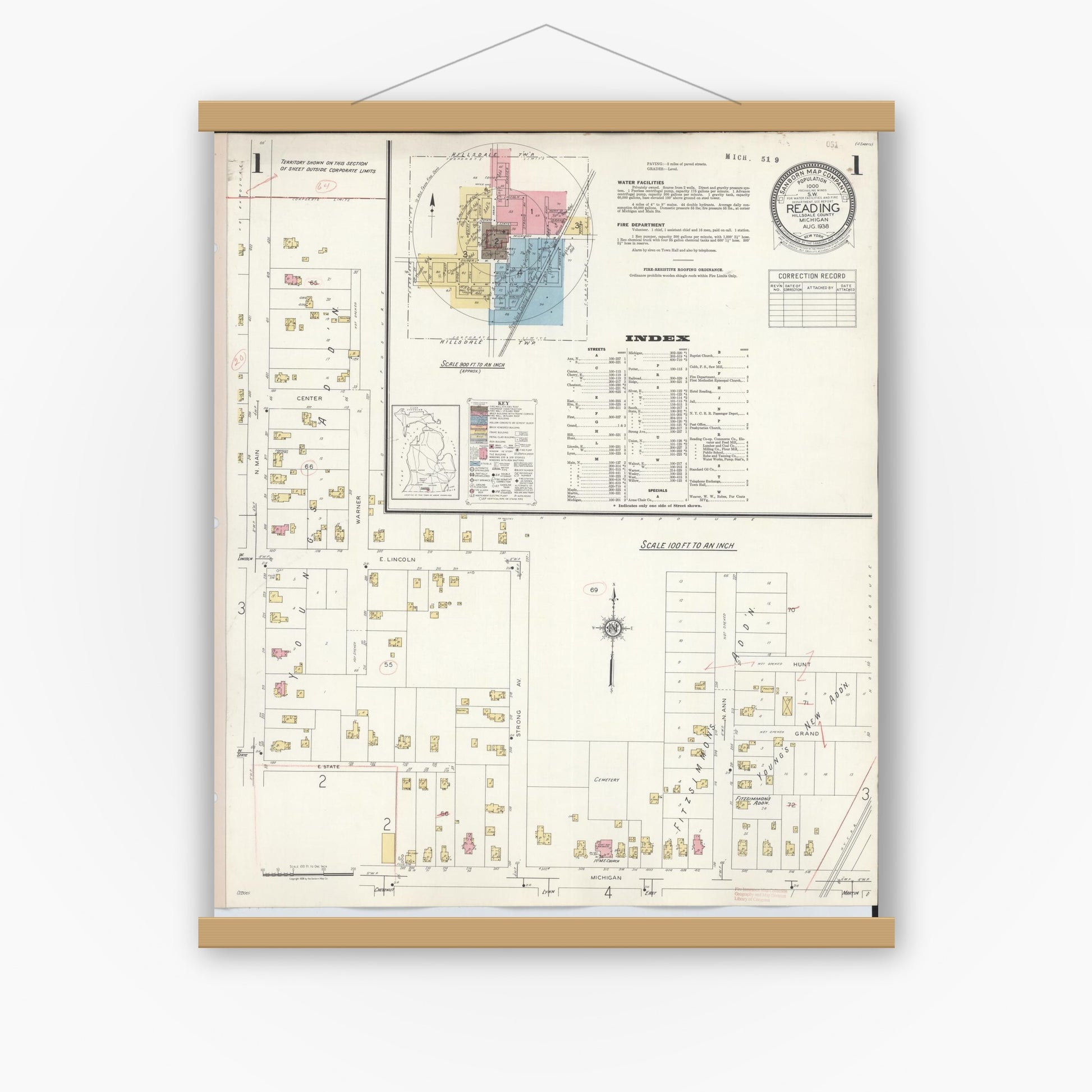 Old map wall art mockup — magnetic wood frame on white wall — Sanborn Fire Insurance Map from Reading, Hillsdale County, Michigan (1938), Sheet #0001