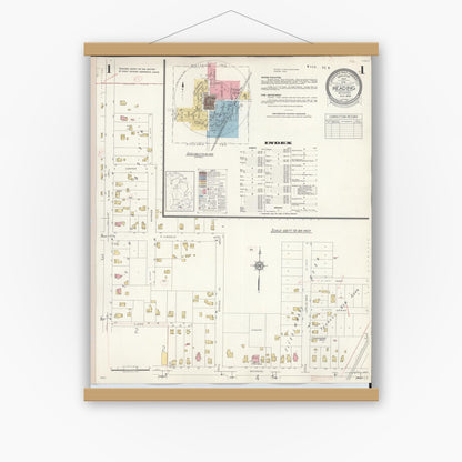 Old map wall art mockup — magnetic wood frame on white wall — Sanborn Fire Insurance Map from Reading, Hillsdale County, Michigan (1938), Sheet #0001