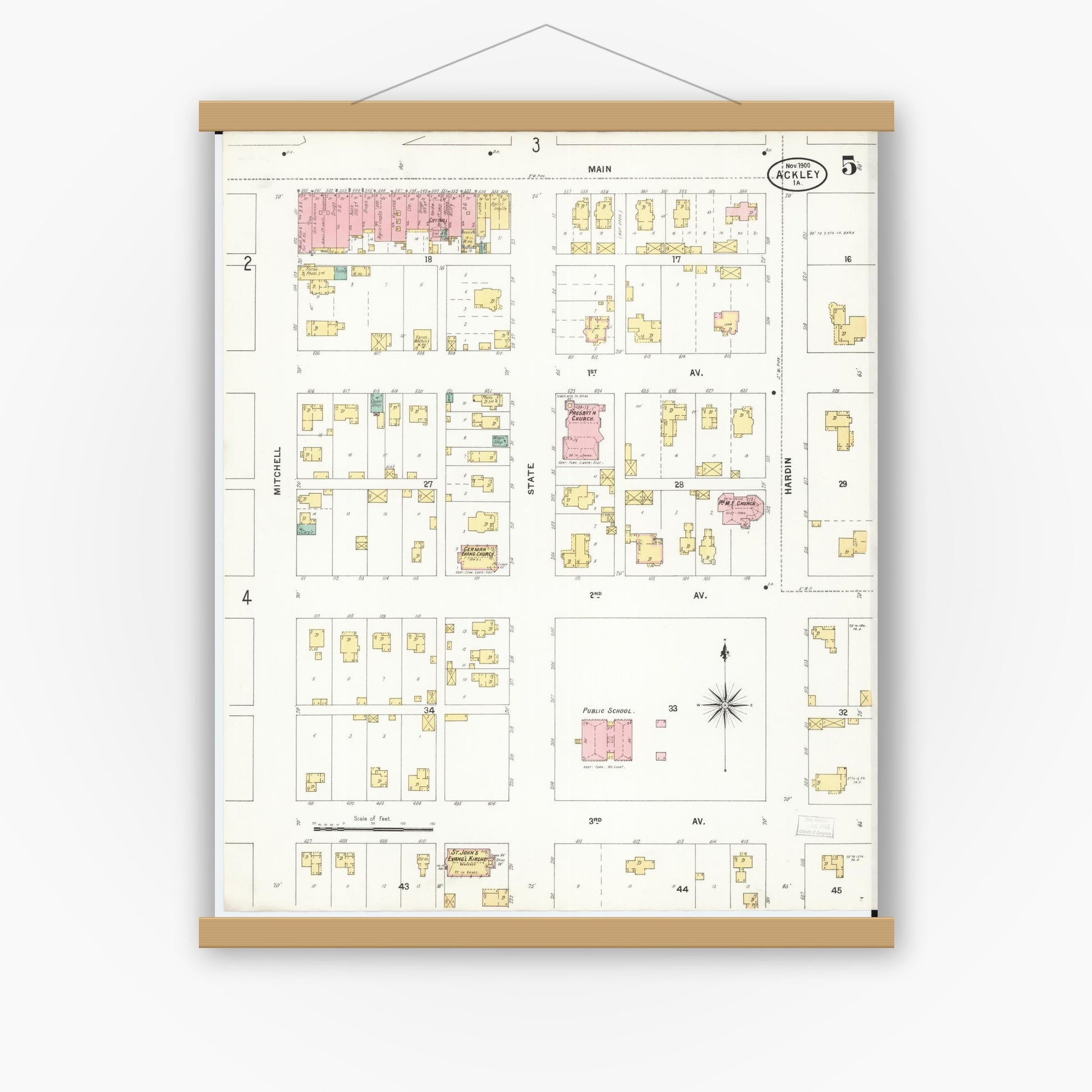 Old map wall art mockup — magnetic wood frame on white wall — Sanborn Fire Insurance Map from Ackley, Hardin and Franklin Counties, Iowa (1900), Sheet #0005