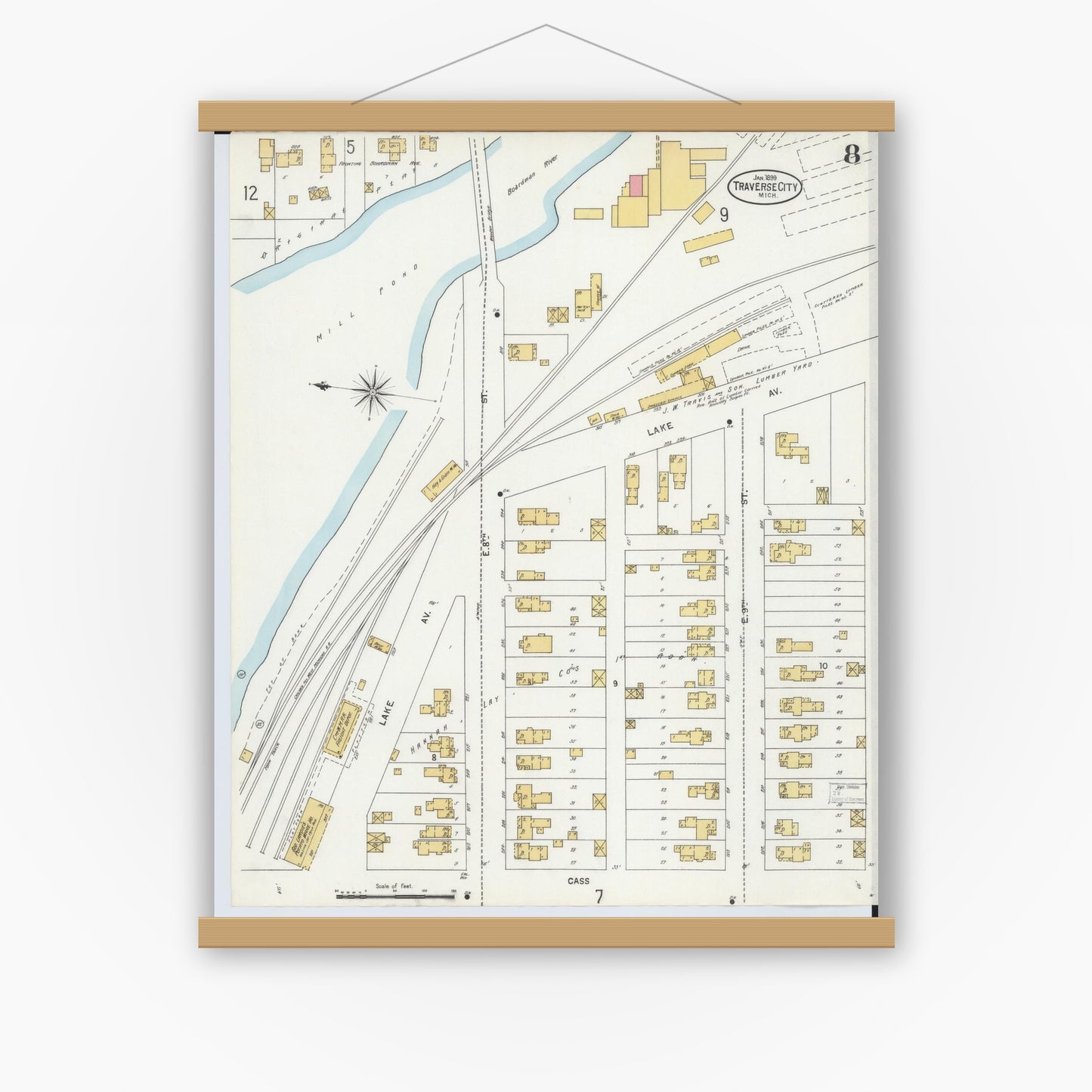 Old map wall art mockup — magnetic wood frame on white wall — Sanborn Fire Insurance Map from Traverse City, Grand Traverse County, Michigan (1899), Sheet #0008