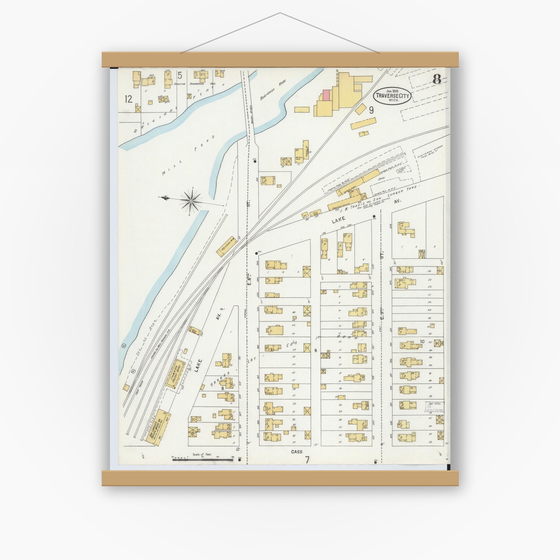 Old map wall art mockup — magnetic wood frame on white wall — Sanborn Fire Insurance Map from Traverse City, Grand Traverse County, Michigan (1899), Sheet #0008