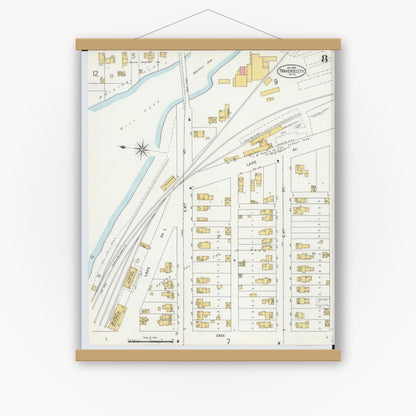 Old map wall art mockup — magnetic wood frame on white wall — Sanborn Fire Insurance Map from Traverse City, Grand Traverse County, Michigan (1899), Sheet #0008