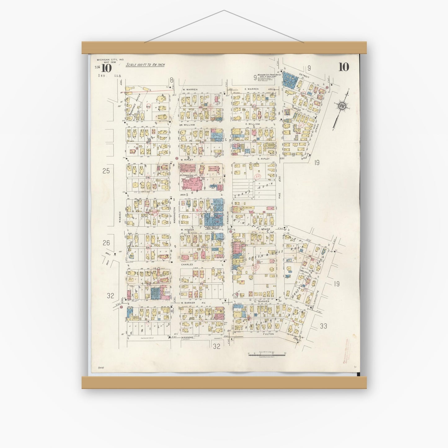 Old map wall art mockup — magnetic wood frame on white wall — Sanborn Fire Insurance Map from Michigan City, La Porte County, Indiana (1948), Sheet #0010