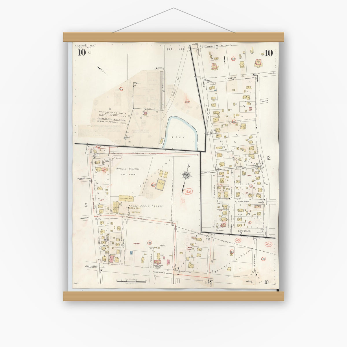 Old map wall art mockup — magnetic wood frame on white wall — Sanborn Fire Insurance Map from Palestine, Anderson County, Texas (1949), Sheet #0010