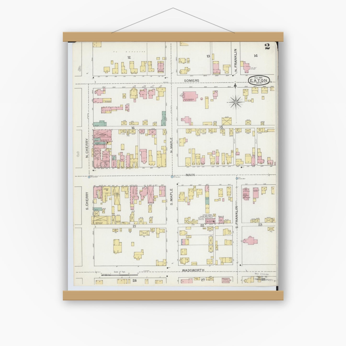 Old map wall art mockup — magnetic wood frame on white wall — Sanborn Fire Insurance Map from Eaton, Preble County, Ohio (1892), Sheet #0002