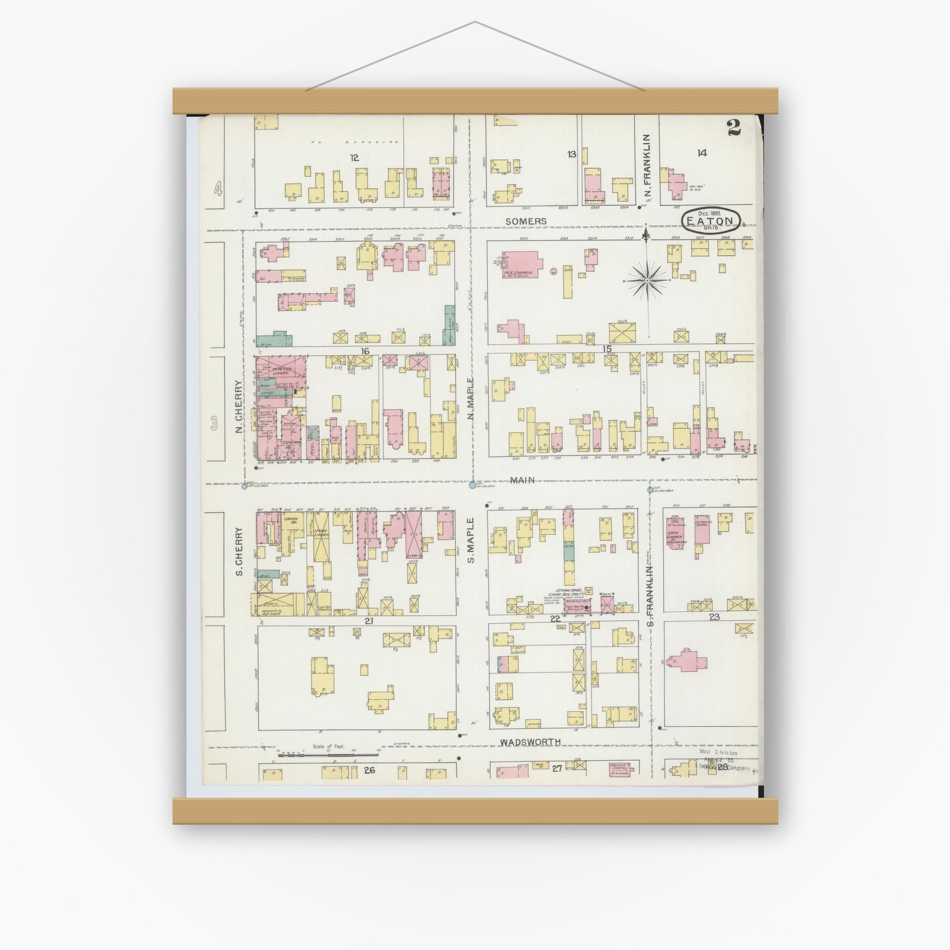 Old map wall art mockup — magnetic wood frame on white wall — Sanborn Fire Insurance Map from Eaton, Preble County, Ohio (1892), Sheet #0002
