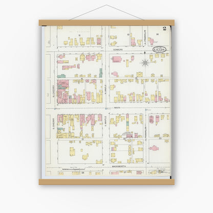 Old map wall art mockup — magnetic wood frame on white wall — Sanborn Fire Insurance Map from Eaton, Preble County, Ohio (1892), Sheet #0002