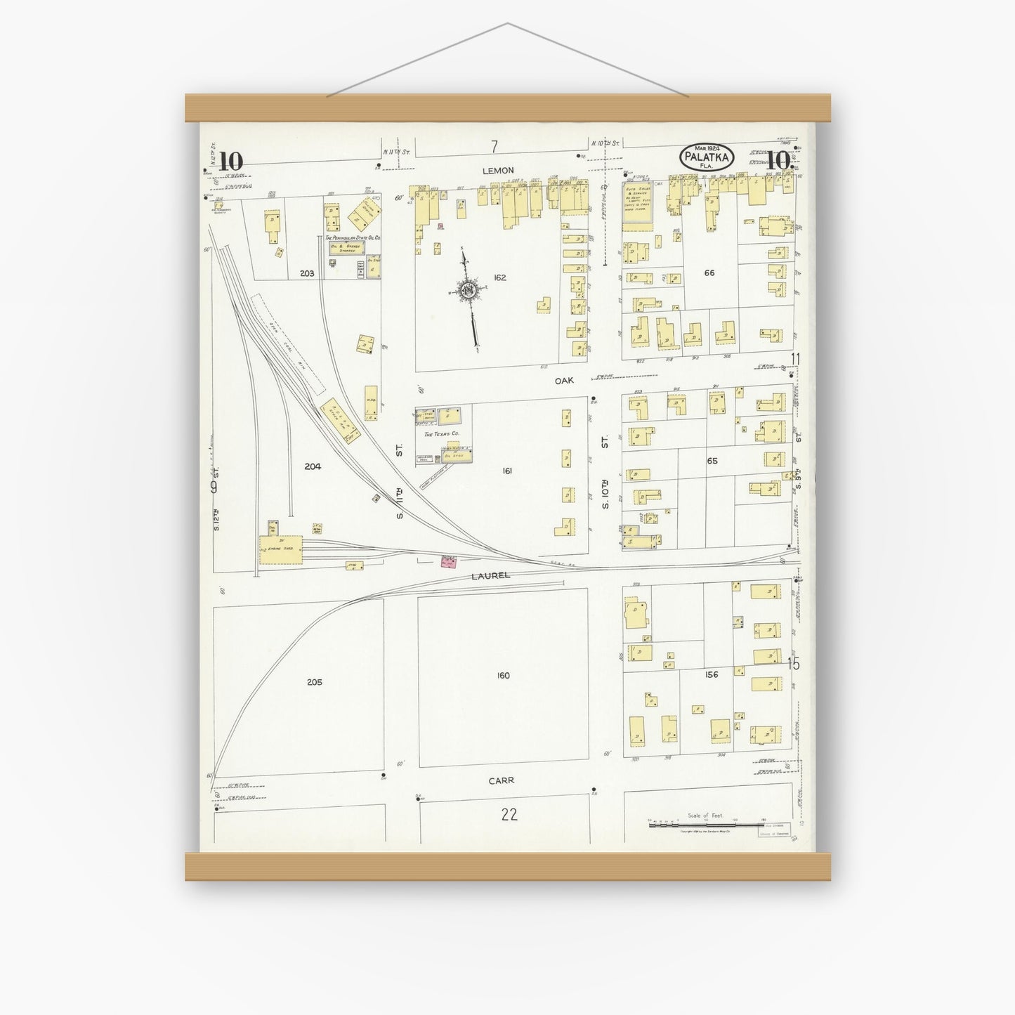 Old map wall art mockup — magnetic wood frame on white wall — Sanborn Fire Insurance Map from Palatka, Putnam County, Florida (1924), Sheet #0010