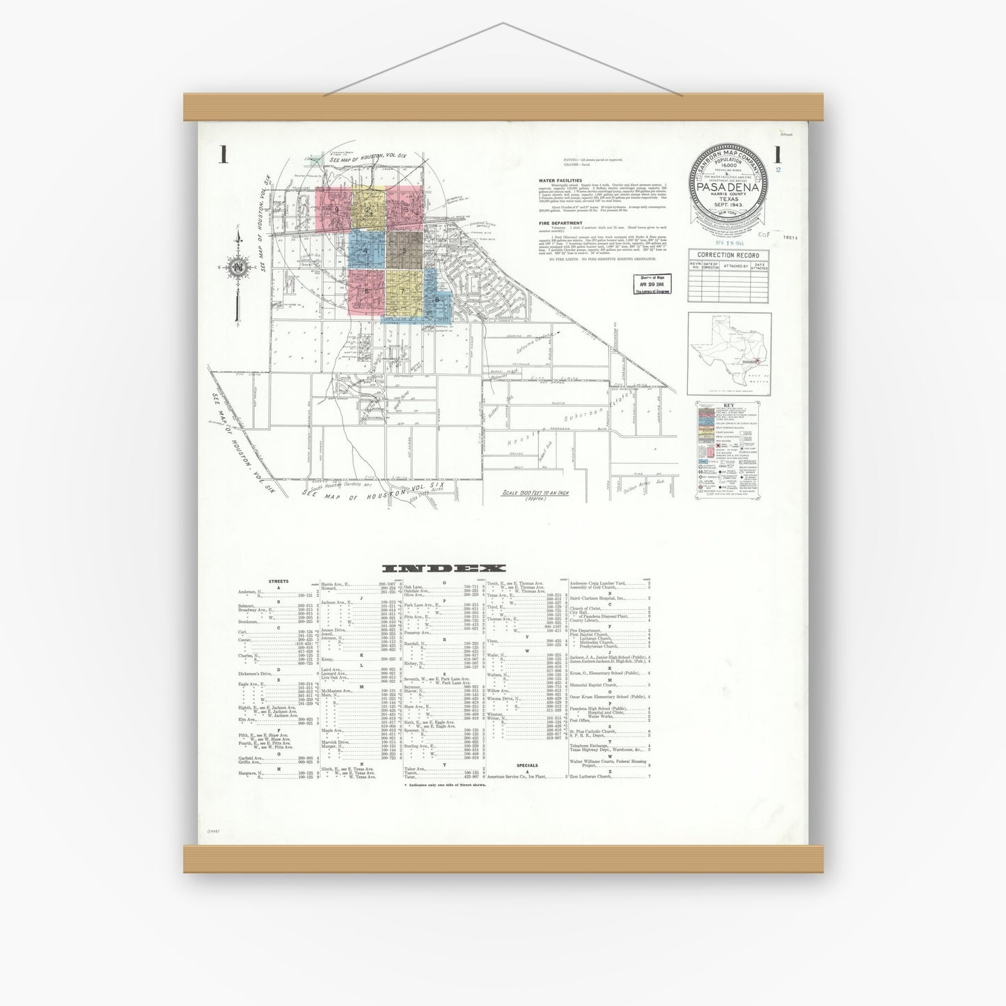 Old map wall art mockup — magnetic wood frame on white wall — Sanborn Fire Insurance Map from Pasadena, Harris County, Texas (1943) - Complete Map Set