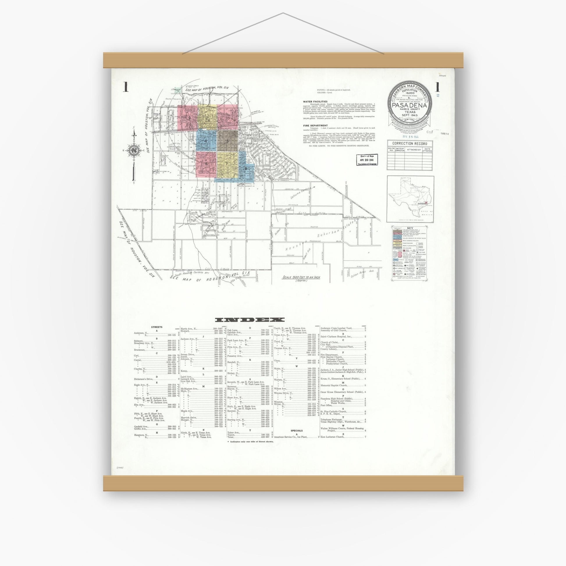 Old map wall art mockup — magnetic wood frame on white wall — Sanborn Fire Insurance Map from Pasadena, Harris County, Texas (1943) - Complete Map Set