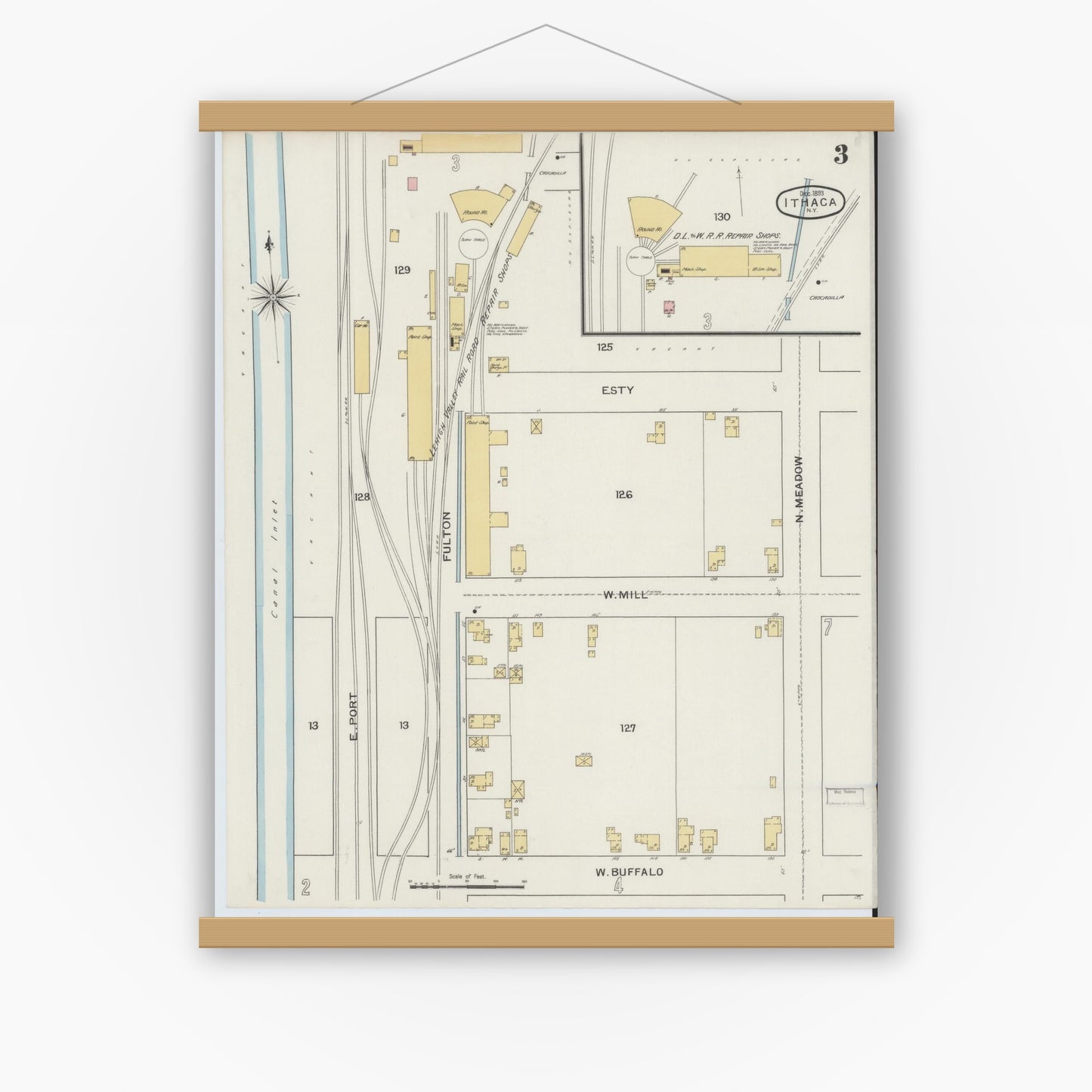 Old map wall art mockup — magnetic wood frame on white wall — Sanborn Fire Insurance Map from Ithaca, Tompkins County, New York (1893) - Complete Map Set