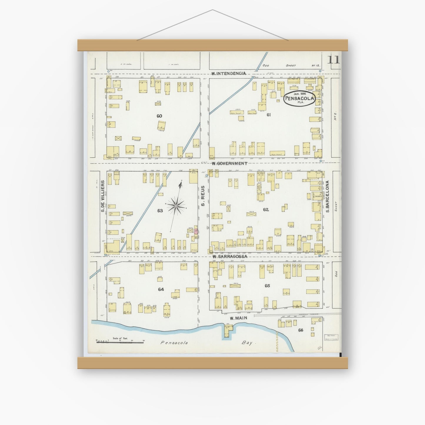 Old map wall art mockup — magnetic wood frame on white wall — Sanborn Fire Insurance Map from Pensacola, Escambia County, Florida (1892), Sheet #0011
