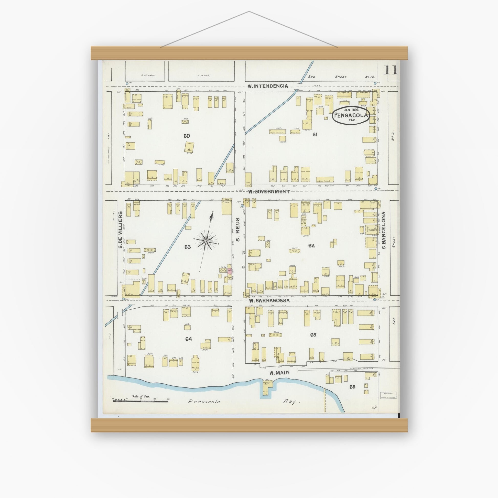 Old map wall art mockup — magnetic wood frame on white wall — Sanborn Fire Insurance Map from Pensacola, Escambia County, Florida (1892), Sheet #0011