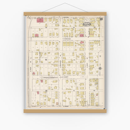 Old map wall art mockup — magnetic wood frame on white wall — Sanborn Fire Insurance Map from Alliance, Stark County, Ohio (1921), Sheet #0018