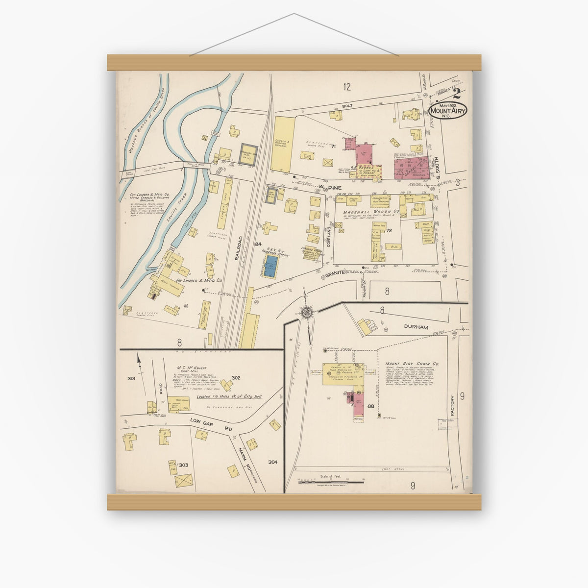 Old map wall art mockup — magnetic wood frame on white wall — Sanborn Fire Insurance Map from Mount Airy, Surry County, North Carolina (1922), Sheet #0002