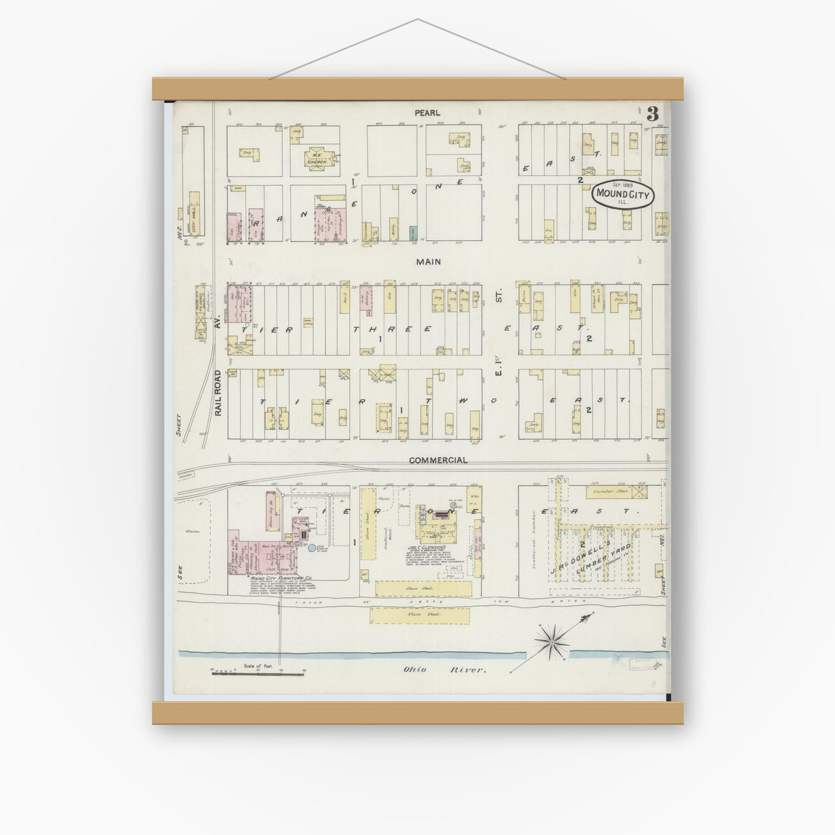 Old map wall art mockup — magnetic wood frame on white wall — Sanborn Fire Insurance Map from Mound City, Pulaski County, Illinois (1889), Sheet #0003