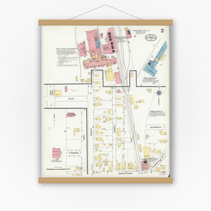 Old map wall art mockup — magnetic wood frame on white wall — Sanborn Fire Insurance Map from Edinburg, Johnson And Bartholomew Counties, Indiana (1910), Sheet #0002