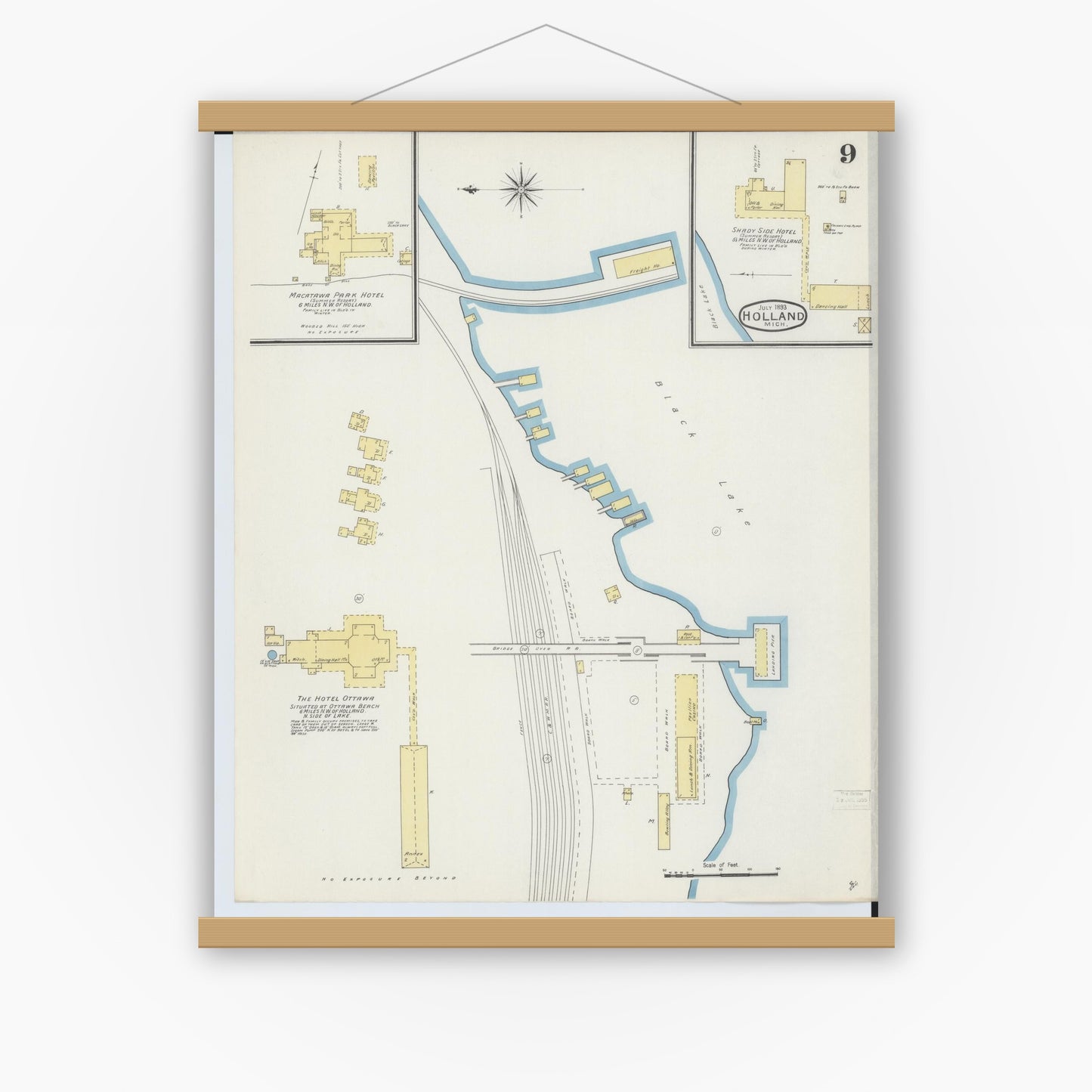 Old map wall art mockup — magnetic wood frame on white wall — Sanborn Fire Insurance Map from Holland, Ottawa County, Michigan (1893), Sheet #0009