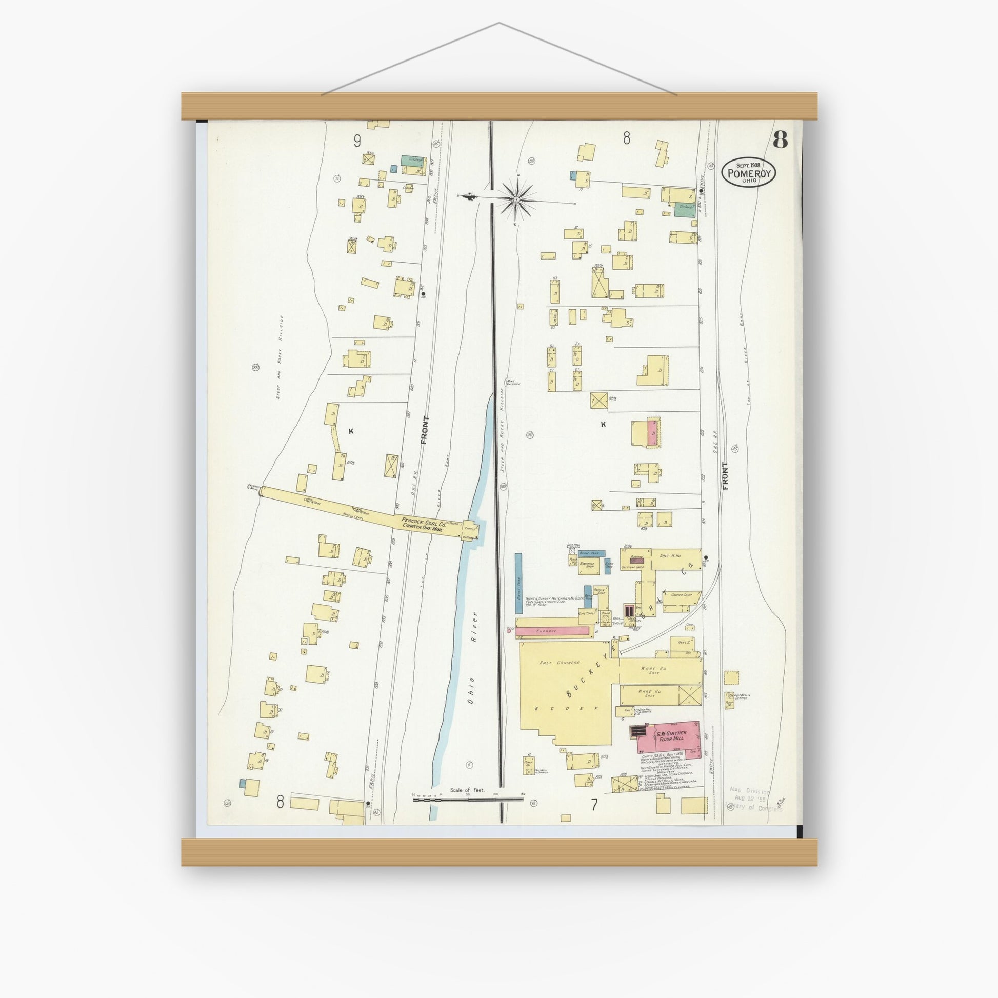 Old map wall art mockup — magnetic wood frame on white wall — Sanborn Fire Insurance Map from Pomeroy, Meigs County, Ohio (1908), Sheet #0008
