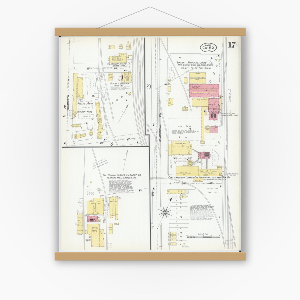 Old map wall art mockup — magnetic wood frame on white wall — Sanborn Fire Insurance Map from Cairo, Alexander County, Illinois (1901), Sheet #0017